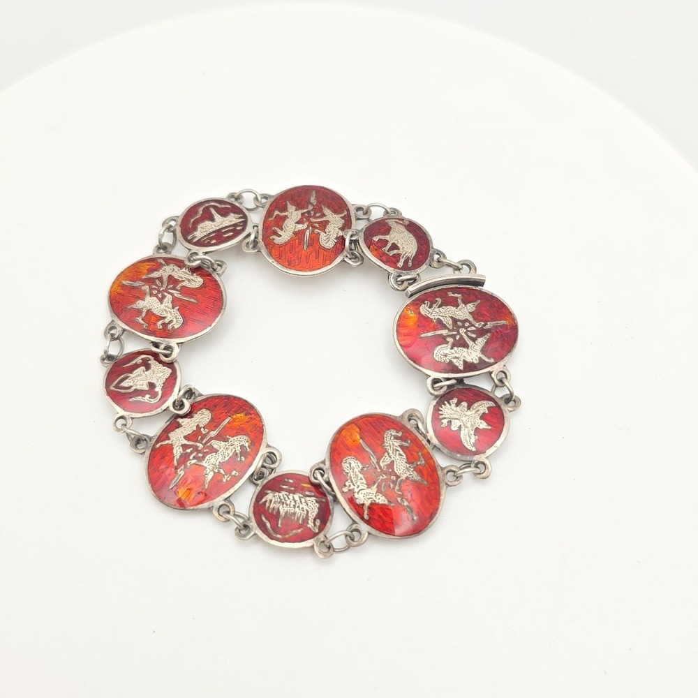 Antique SIAM Panel Bracelet 925 Sterling Silver Red Enamel‎ Dancer Elephants 7"